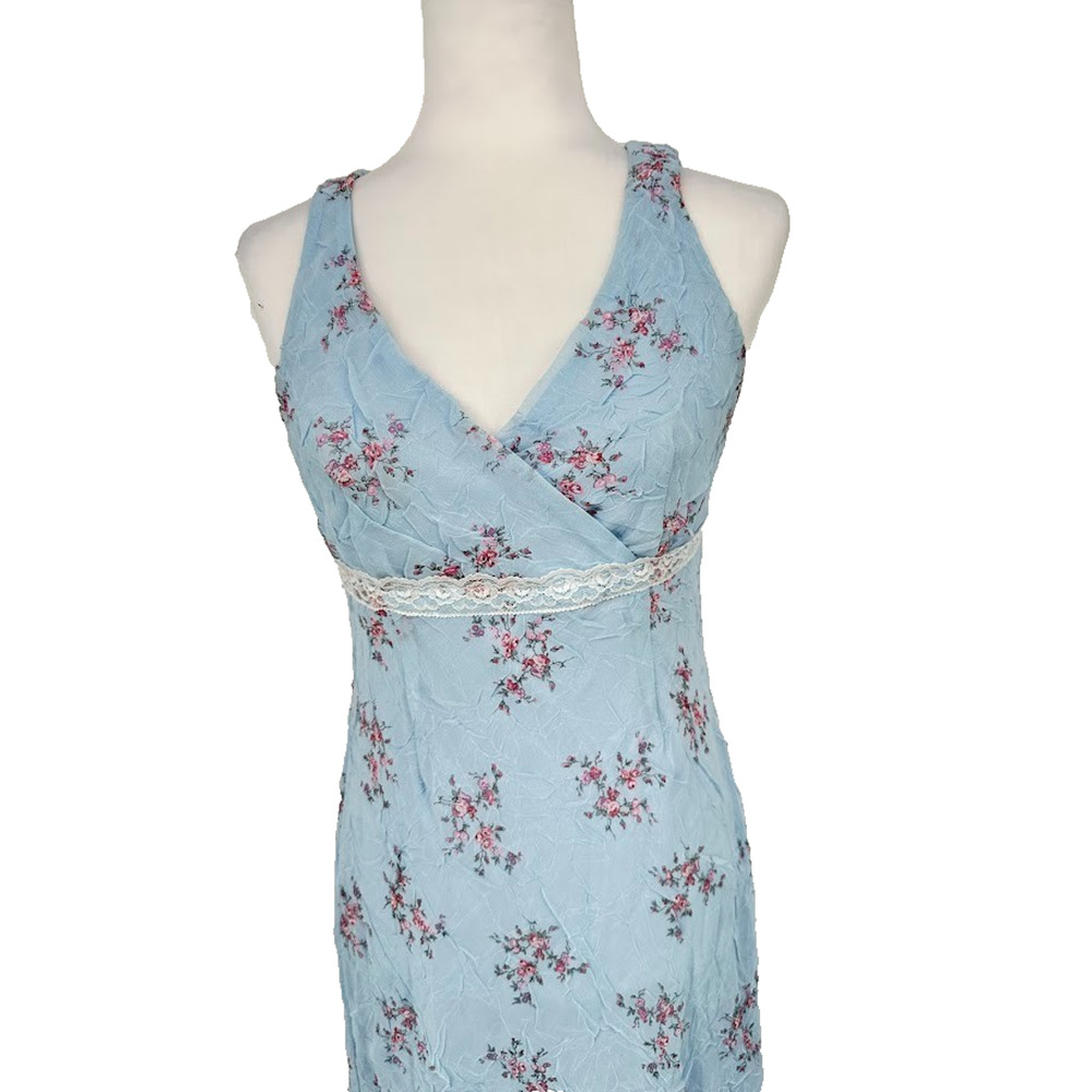 Vintage B Moss‎ Y2K Babydoll Maxi Dress Size 6 Petite Floral Fairy Feminine Blue - Picture 2 of 9